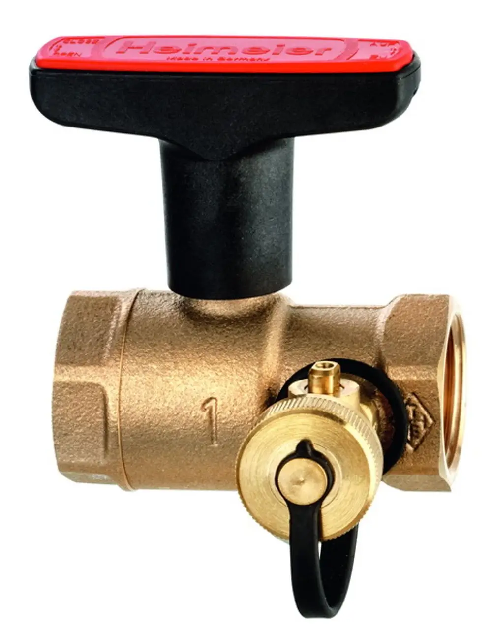 Heimeier Kugelhahn aus Rotguss mit T-Griff und Entleerungsventil. Entwickelt für Heizungsanwendungen, Teil der Produktreihe von IMI Hydronic Engineering.